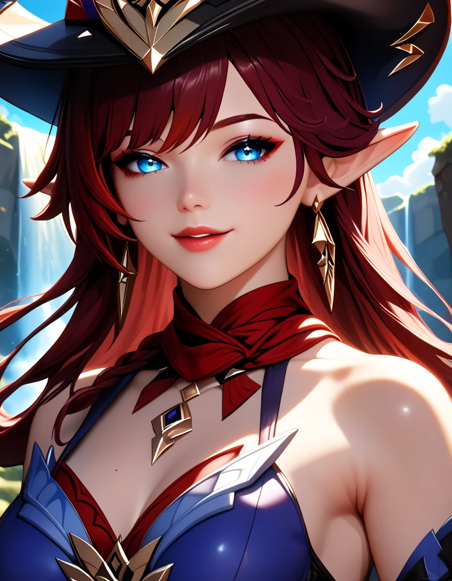 A tall woman in realistic portrait of high quality and detail, european, Chasca (Genshin Impact), turquoise drawings on the body, long elf ears, 30yo, perfect face, athletic body, Dark red hair reaching to the middle of the back, and bright blue eyes. The bangs have a purple tint at the tips and completely cover the left eye. If you look closely, you will notice a small pigtail on the right side of the head. a short sleeveless top with a cutout at the bottom, black leggings of different lengths, high-heeled boots and a red scarf around the neck. Her image is completed by a brown belt with a massive buckle, a hat with feathers, a gold earring in her right ear and fingerless gloves, pointed ears. Movie style, light atmosphere, happy look, beautiful pink makeup, glow, eye shadow, 1girl, Depth & Perspective, fine face, She stands on the stone, outdoors, waterfall on background, day time, looking at viewer, (ultra-high detail:1.2), Masterpiece, Best Quality, Ultra-detailed, Cinematic lighting, 8K, delicate features, cinematic, 35 mm lens, f/1.9, highlight lighting, global lighting –uplight –v 4, cinematic, Cinematic lighting, 8K, high quality, Highest Quality, (Solo Focus), (extremly intricate:1.3), (Realistic), masterful, Analog style, (Film grain:1.5), (cold tone)