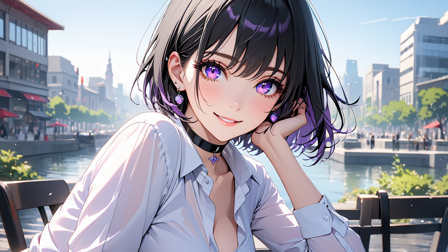 best quality, super_delicate, ultra detailed, beautiful, 8k , 1girl, black hair, business shirt, earrings, choker, outdoor, bright, looking at the viewer, smile, violet eyes, white short hair,