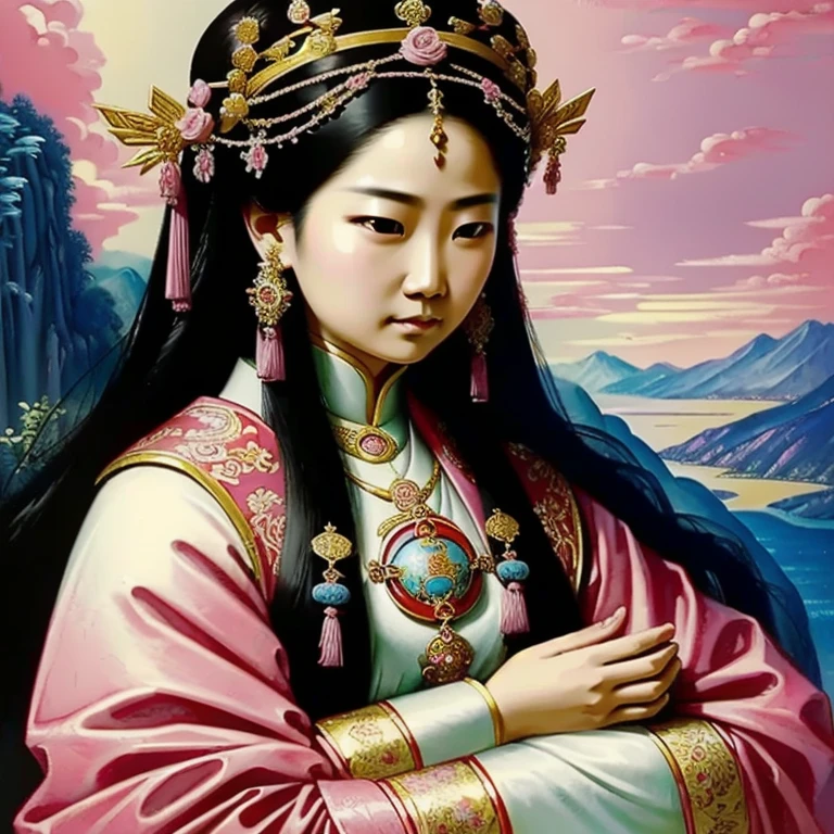  drawing of a woman holding a  in her arms, xiao xiao,  , mother,  queen of the heavenly , beautiful art, Painting of the beautiful , beautiful representation, Portrait of the Virgem Xiao,  Religious Art Xintoista , Pink countries, sacred and beautiful, with a blue background, Boregov, Guweiz Masterpiece, Religious Art, Shinto art , religious painting