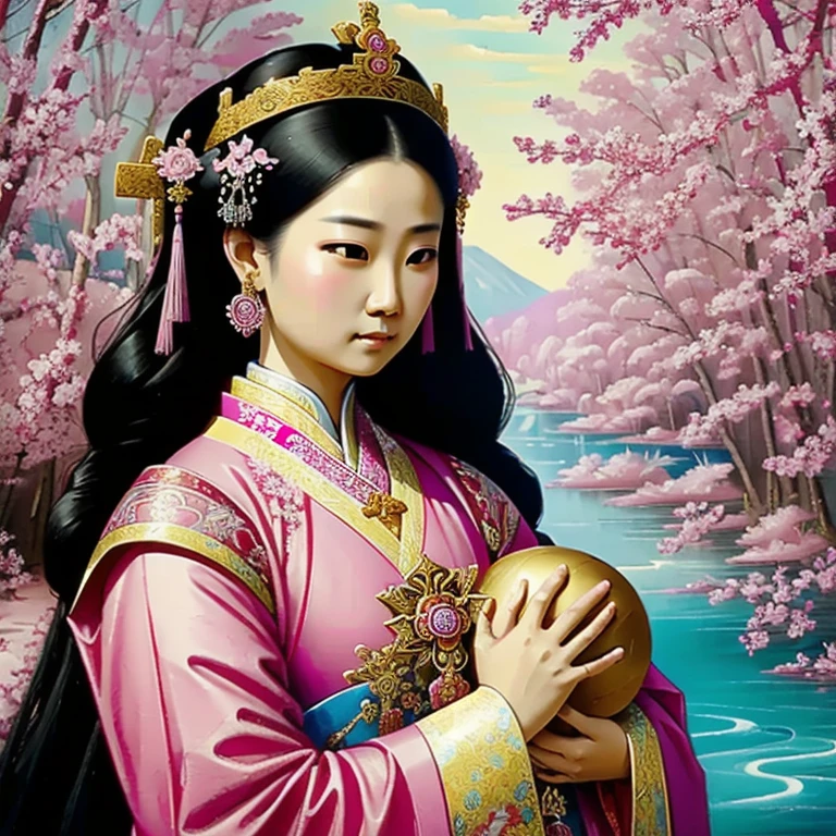  drawing of a woman holding a  in her arms, xiao xiao,  , mother,  queen of the heavenly , beautiful art, Painting of the beautiful , beautiful representation, Portrait of the Virgem Xiao,  Religious Art Xintoista , Pink countries, sacred and beautiful, with a blue background, Boregov, Guweiz Masterpiece, Religious Art, Shinto art , religious painting