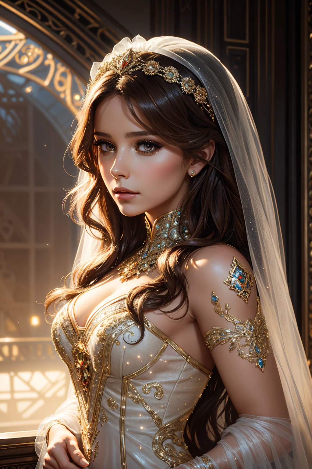 Ashley Tisdale, wearing ball gown costume transparent. professionally retouched, soft lighting, realistic, smooth face, perfect eyes, sharp focus on eyes, 8 k, high definition, insanely detailed, intricate, elegant. against the background of the ballroom.