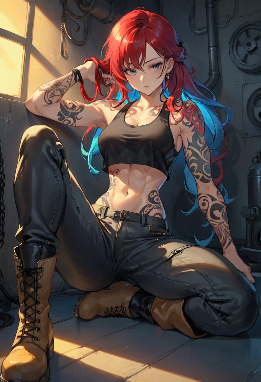 cool beauty, taking nap, clutching iron pipe, tie up hair, vivid and seductive expression, superlative great body proportion, abs, wearing half crop tank top, loose work pants, heavy boots, covered in tattoos, background jet black, vivid color room, effective effects, bold and dynamic, contrasts of light and shadow, 2.5D, ultra detailed, absolutely resolution, masterpiece