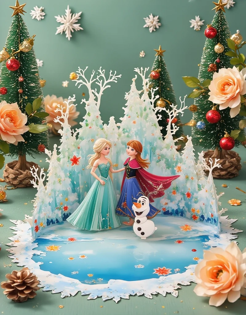 (8K,  top quality, masterpiece), Christmas decoration,  电池供电的圆形装饰蛋糕形Toy, 旋转Toy ,  装有冰舞娃娃的Toy ,  Toy  ,(, 一款模仿圣诞小镇的旋转圆柱形Toy , Frozen lake,  Movie《Frozen》 is an ice dance  , Elsa, Anna, Olaf:1.4,, ). ,Cardboard art engraving