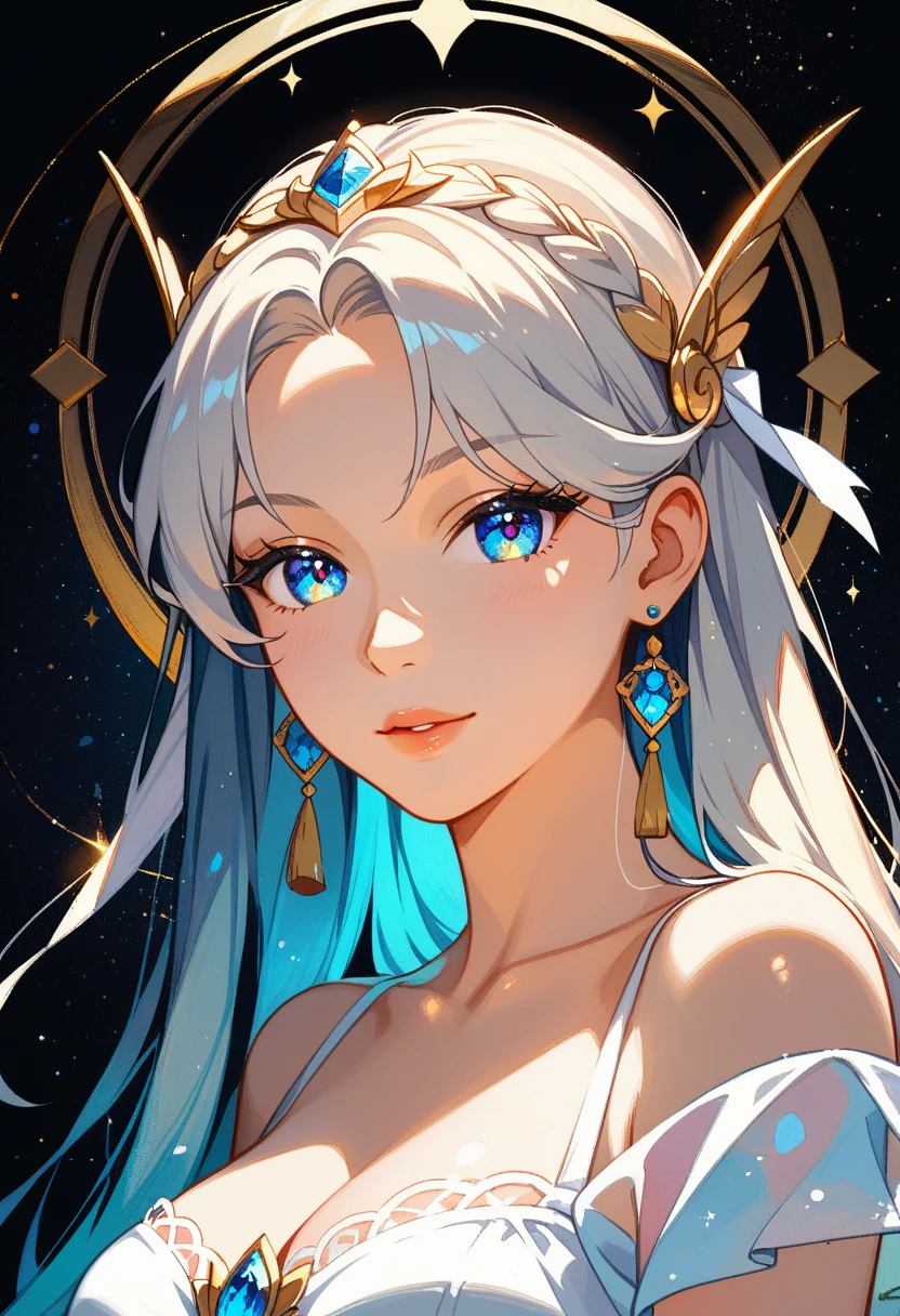 goddess of the moon、Stand on a pedestal、spot light、A detailed face、silber hair、Detailed shading、White robe、Goldsmith trinkets