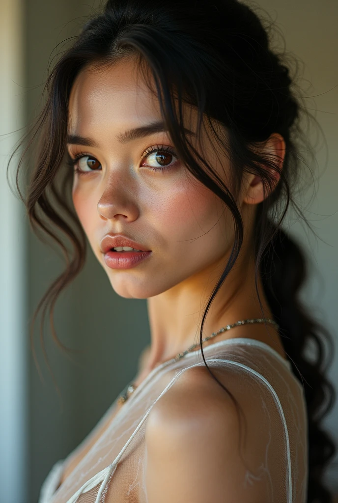 Mexican A beautiful pale-skinned Latina , eyes blue, full body, perfect body, two buns, straight bangs, (best quality,4k,8k,highres,masterpiece:1.2),ultra-detailed,(realistic,photorealistic,photo-realistic:1.37),HDR,UHD,studio lighting,ultra-fine painting,sharp focus,physically-based rendering,extreme detail description,professional,vivid colors,bokeh,portraiture,glamour,sensual,alluring, in style of Retna, full body portrait
