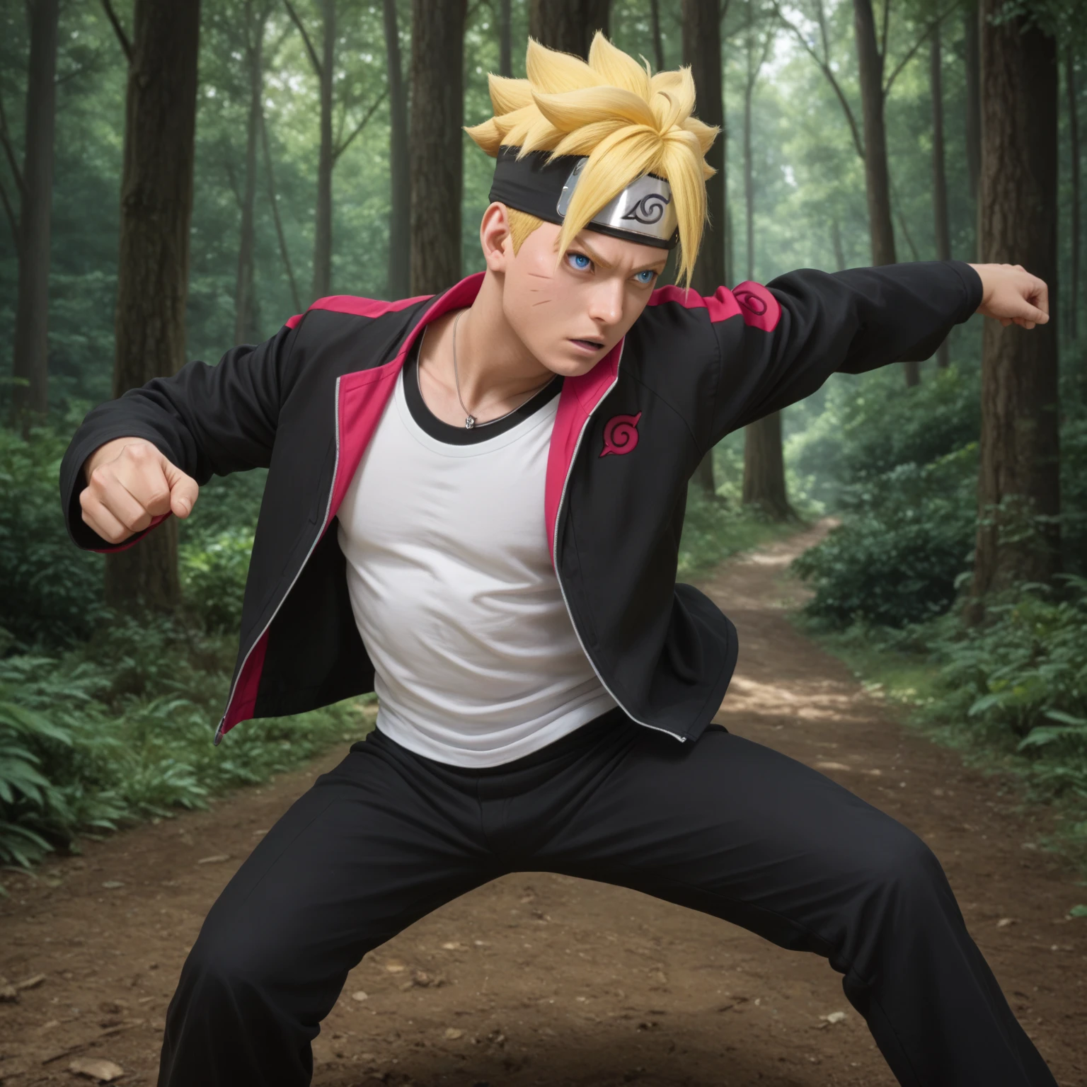 Boruto, 1boy, solo, yellow hair, head protector, blue eyes, two black lines on the cheek, white shirt, black jacket red line, black long pants red line, forest background, fight pose, Masterpiece, Best Quality, High Resolution, High Details, Textured Skin, UHD, realistic