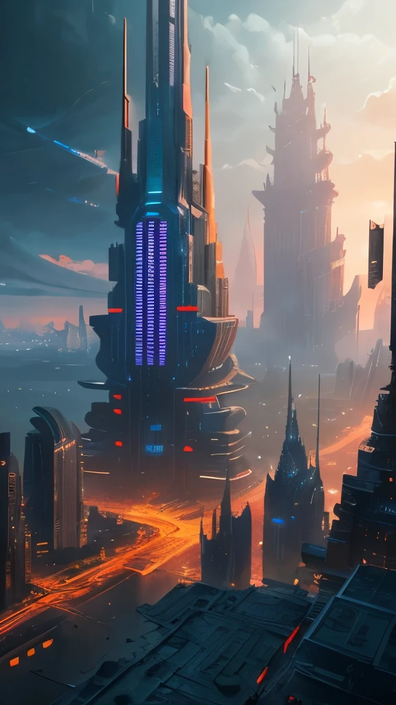 futuristic city with a massive tower and a massive bridge, a detailed matte painting inspired by James Paick, cgsociety contest winner, digital art, big and structured valhalla city, ancient sci - fi city, in fantasy sci - fi city, aerial view of a cyberpunk city, sci - fi city, sci fi city, huge futuristic temple city, dystopian cyberpunk city