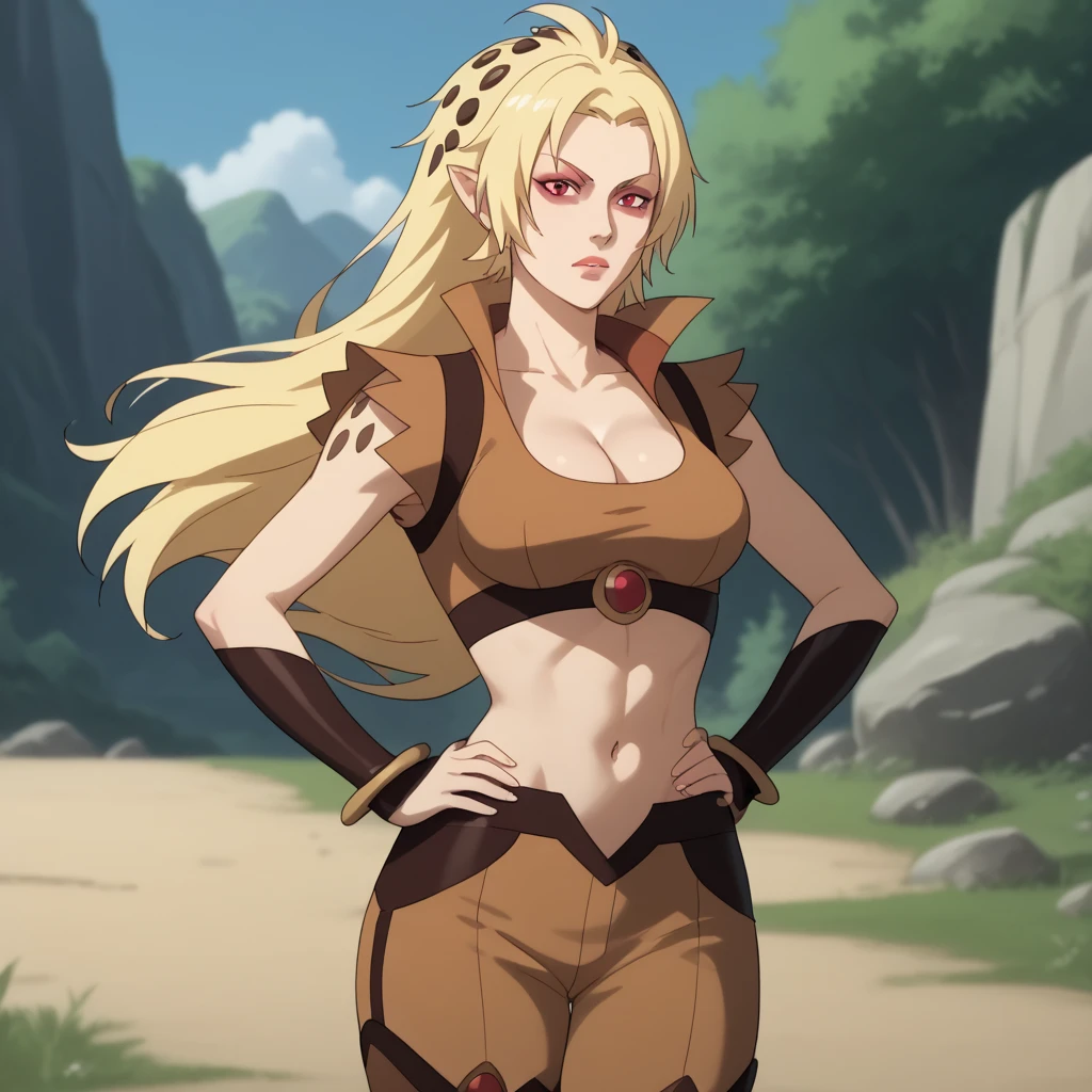 score_9, score_8, score_9, solo, cheetara, blonde hair, long hair, red eyes, pointy ears, midriff, cleavage, hands on hips,