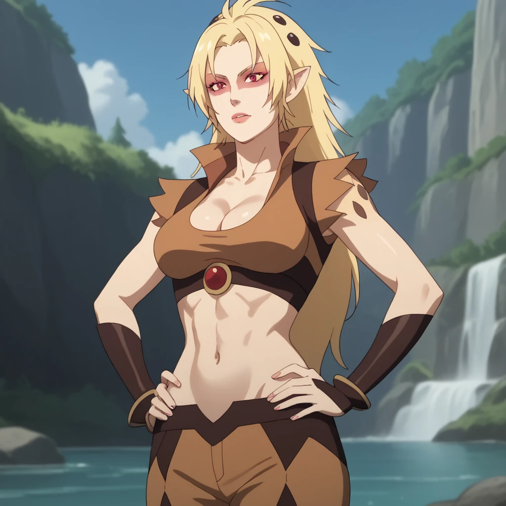 score_9, score_8, score_9, solo, cheetara, blonde hair, long hair, red eyes, pointy ears, midriff, cleavage, hands on hips,