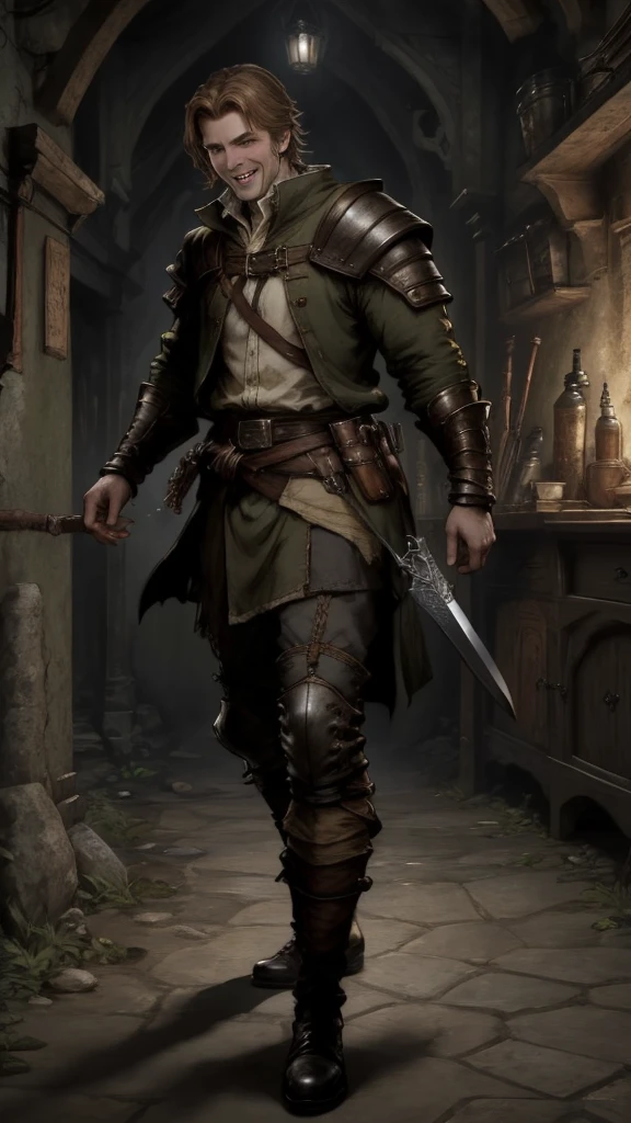  full body is shown, rpg, JRG Character, middle ages, Thief,  facing the front,  facing the front,  offensive posture, knife, lowly laugh 