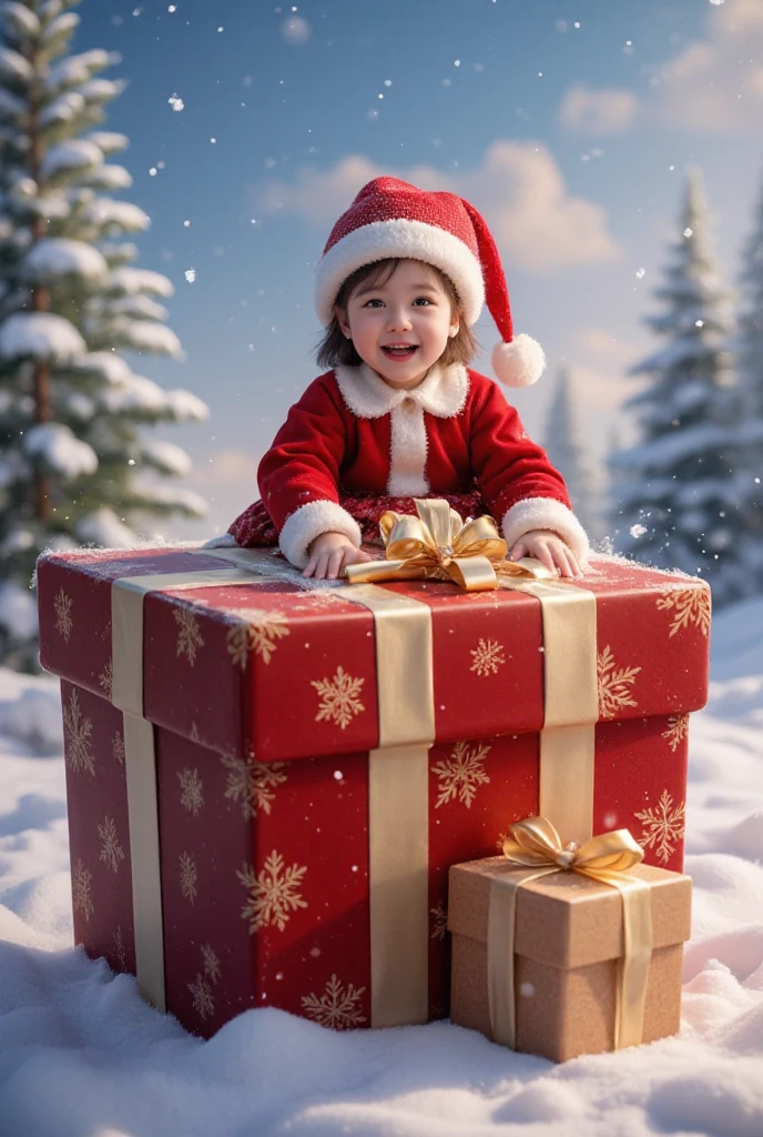 An image of a giant monster Christmas tree mad chasing a frighten child with gift in his hands. Give me samples from a worms eye view perspective.