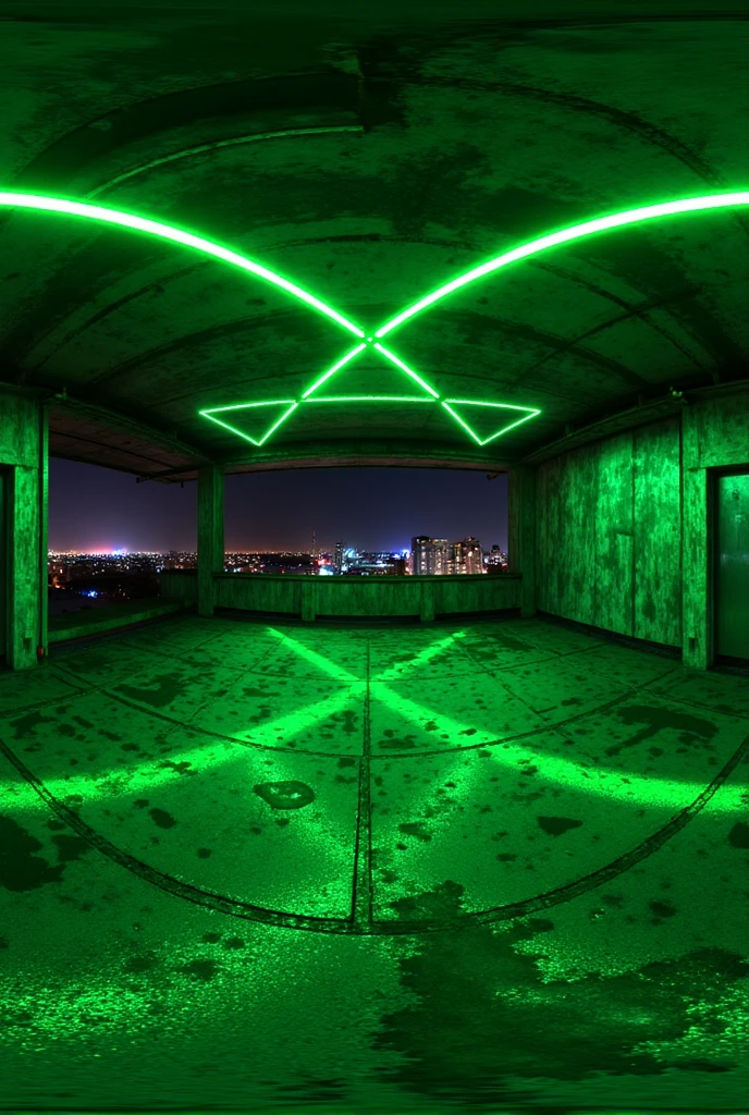  360HDR, 360 degrees, vr,  A perfect panoramic view of a future ,  rooftop industrial warehouse illuminated by crossed green laser beams .  The lasers intersect in a precise geometric pattern ,  casting an ominous green light across space .  The industrial terrace environment features exposed beams , concrete walls,  and high ceiling ,  uncovered area ,  view of the city at night creating a vast , Open environment .  The atmosphere seems like a high-tech nightclub installation or a immersive art exhibition,  with rays reflecting on metallic surfaces and faint ,  hazy air adding depth to the light effects .

