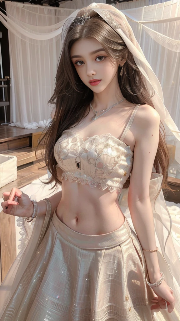 4K, UHD, masterpeice, 1 girl, good face, detailed eyes, detailed lips, very long hair, straight hair, very long hair, beautiful hair, hair ornaments, hairband, gradient hair, ((white lehenga)), ((bridal lehenga)), ((decorated blouse)), sardine, ((ornament lehenga)), ((white lace)), ((diamond bracelet)), ((pendant)), Pearl, ornaments, necklace, earring, high lighting, ((bare stomach)), ((in the wedding stage)), white color, depth of field, ray tracing, ultra realistic detailed,