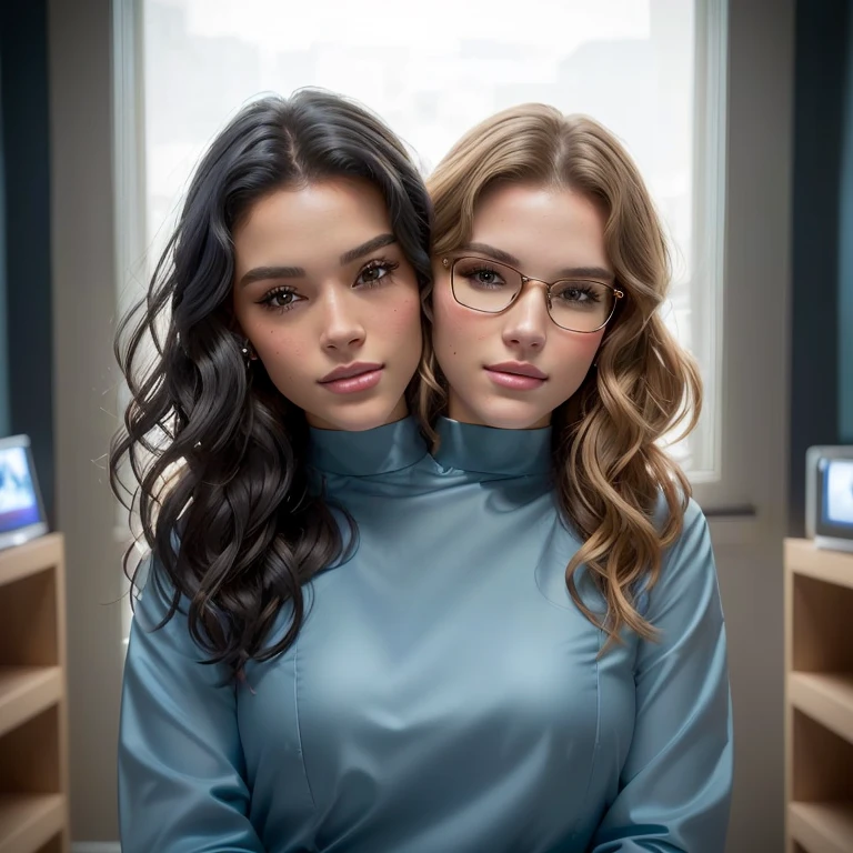   there are two women posing together for a photo, promo still , Promotional frame,  two models in the frame ,   woman holding another woman  , Still promotional film , Netflix, 8k portrait, Medium shot of two characters, two girls, promotional image, Promotional frame wide angle,  beautiful sci-fi cufflinks , TV show still, Portrait taken in 8k