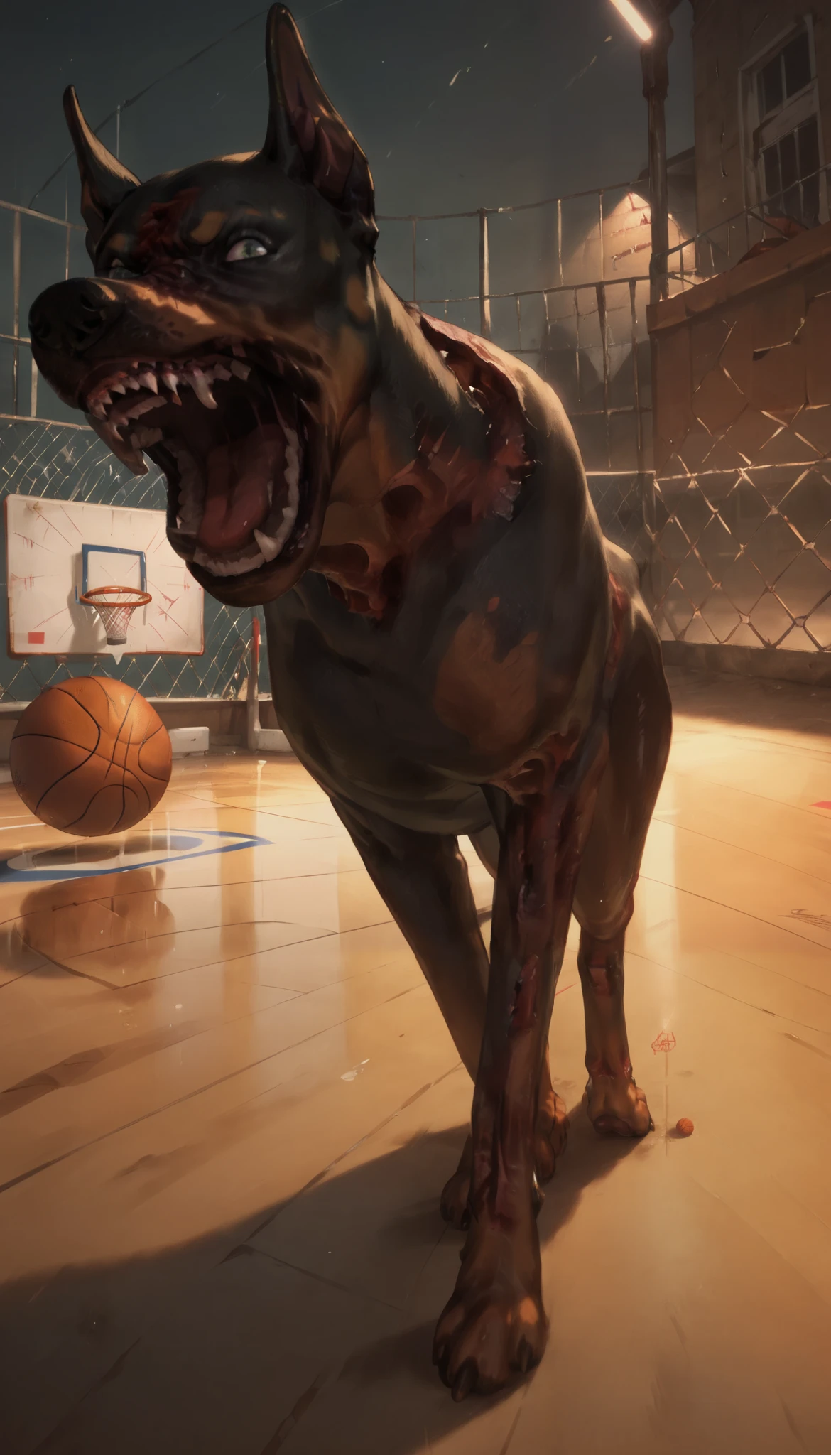 Score_9_up, score_8_up, score_7_up, BREAK, high quality, dynamic angle, 1dog, c34b3ru5, zombie_dog, zombie_doberman, growling, jumping, towards viewer, snarling, basketball court, outside, night, abandoned, night lighting
