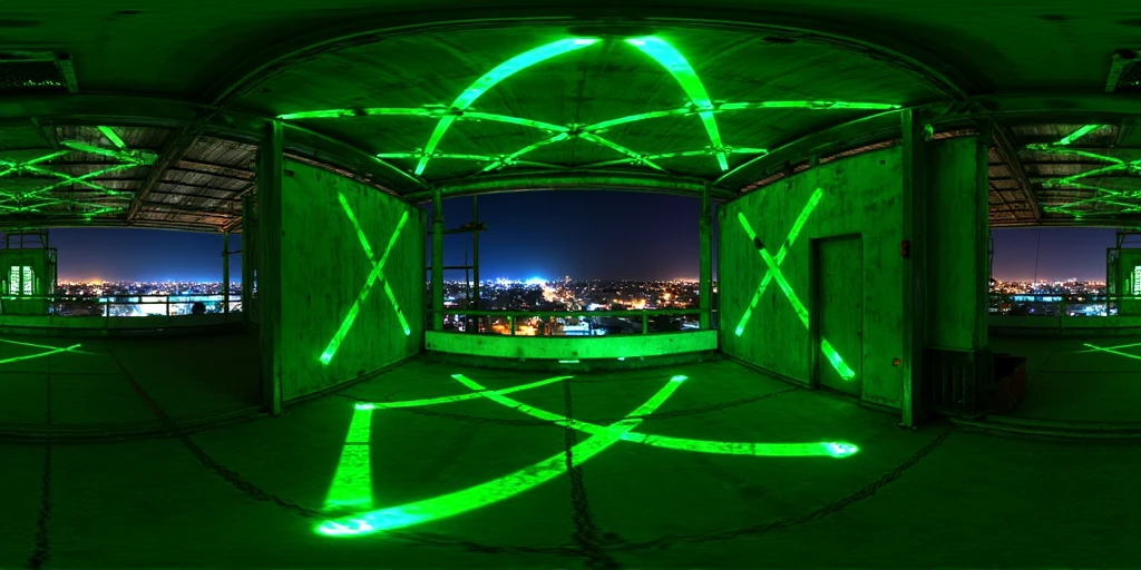  360HDR, 360 degrees, vr,  A perfect panoramic view of a future ,  rooftop industrial warehouse illuminated by crossed green laser beams .  The lasers intersect in a precise geometric pattern ,  casting an ominous green light across space .  The industrial terrace environment features exposed beams , concrete walls,  and high ceiling ,  uncovered area ,  view of the city at night creating a vast , Open environment .  The atmosphere seems like a high-tech nightclub installation or a immersive art exhibition,  with rays reflecting on metallic surfaces and faint ,  hazy air adding depth to the light effects .

