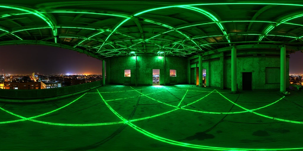  360HDR, 360 degrees, vr,  A perfect panoramic view of a future ,  rooftop industrial warehouse illuminated by crossed green laser beams .  The lasers intersect in a precise geometric pattern ,  casting an ominous green light across space .  The industrial terrace environment features exposed beams , concrete walls,  and high ceiling ,  uncovered area ,  view of the city at night creating a vast , Open environment .  The atmosphere seems like a high-tech nightclub installation or a immersive art exhibition,  with rays reflecting on metallic surfaces and faint ,  hazy air adding depth to the light effects .

