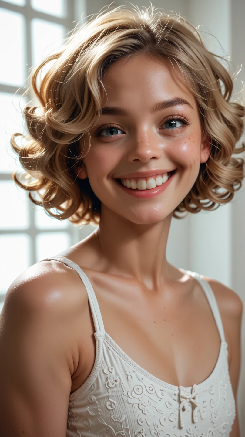 The most breathtaking -yelonde, curly short hair, tiny, fit, round booty, ultra-realistic, high definition, smiling, white, American