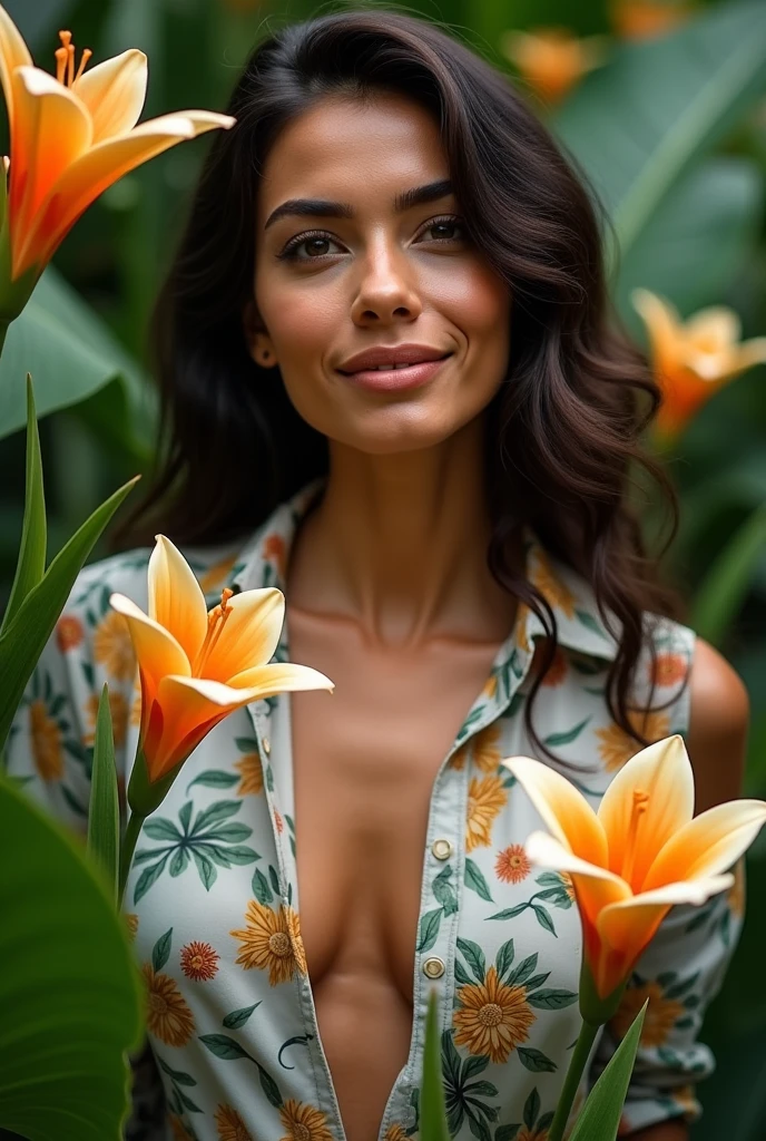 A Brazilian woman in a lush tropical garden, wearing an open shirt with a floral print, with a close-up capturing the harmonious beauty between her breasts and the natural flowers, showing off your natural charm and outgoing personality.