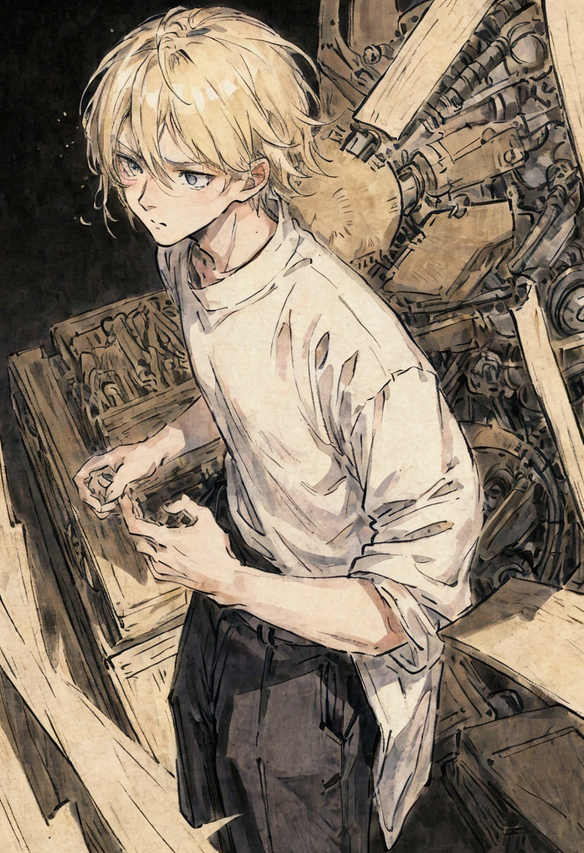 boy, 19 years old, blond, medium length hair in a bundle , tired, tired eyes,  white short-sleeved shirt tucked into black pants, mechanical hands