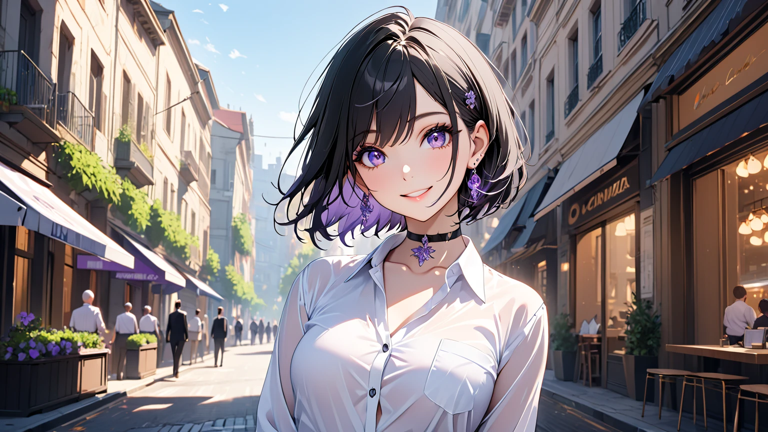 best quality, super_delicate, ultra detailed, beautiful, 8k , 1girl, black hair, business shirt, earrings, choker, outdoor, bright, looking at the viewer, smile, violet eyes, white short hair,full torso,