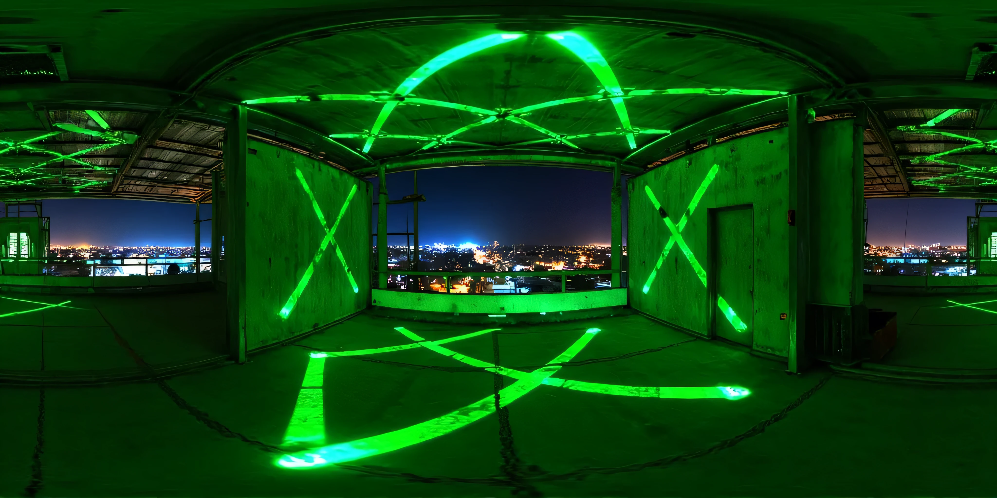  360HDR, 360 degrees, vr,  A perfect panoramic view of a future ,  rooftop industrial warehouse illuminated by crossed green laser beams .  The lasers intersect in a precise geometric pattern ,  casting an ominous green light across space .  The industrial terrace environment features exposed beams , concrete walls,  and high ceiling ,  uncovered area ,  view of the city at night creating a vast , Open environment .  The atmosphere seems like a high-tech nightclub installation or a immersive art exhibition,  with rays reflecting on metallic surfaces and faint ,  hazy air adding depth to the light effects .

