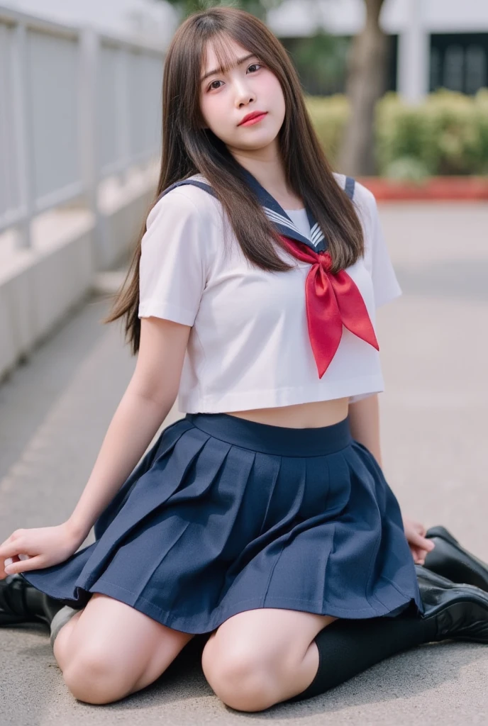 Thai women, long hair, two-tone hair, pinkish-white skin, Japan sailer school uniform, Sitting with your legs open, spread your legs wide,Full body, 