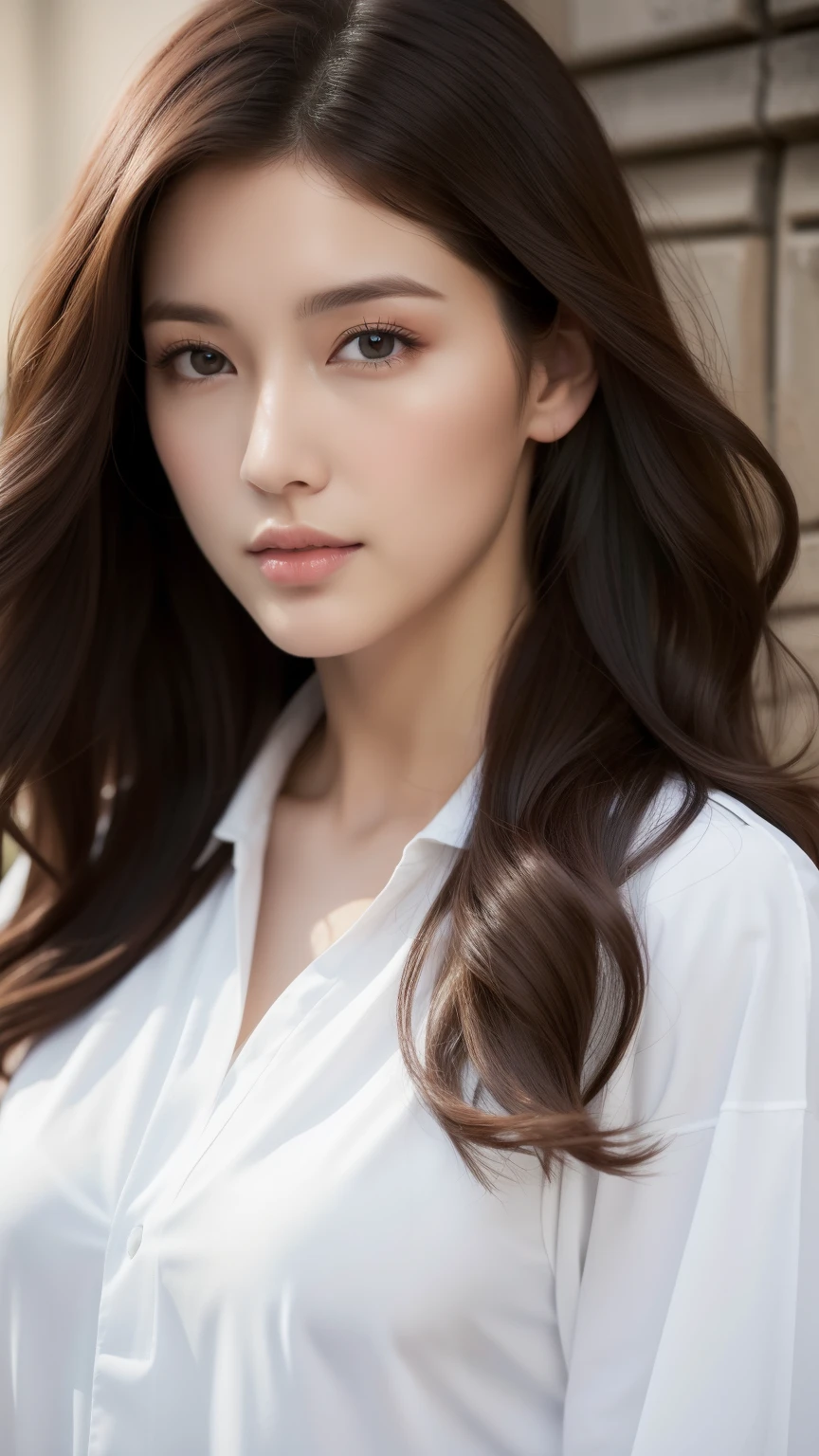 （best qualtiy，A high resolution，tmasterpiece：1.3），A tall and beautiful woman，frontage，Dark brown hair in loose wavy styling，Bigboobs，V-neck white shirt，Dark Alley，Beautifully rendered details in face and skin textures，Charming eyes，Charming eyes， double eyelids in judo uniforms