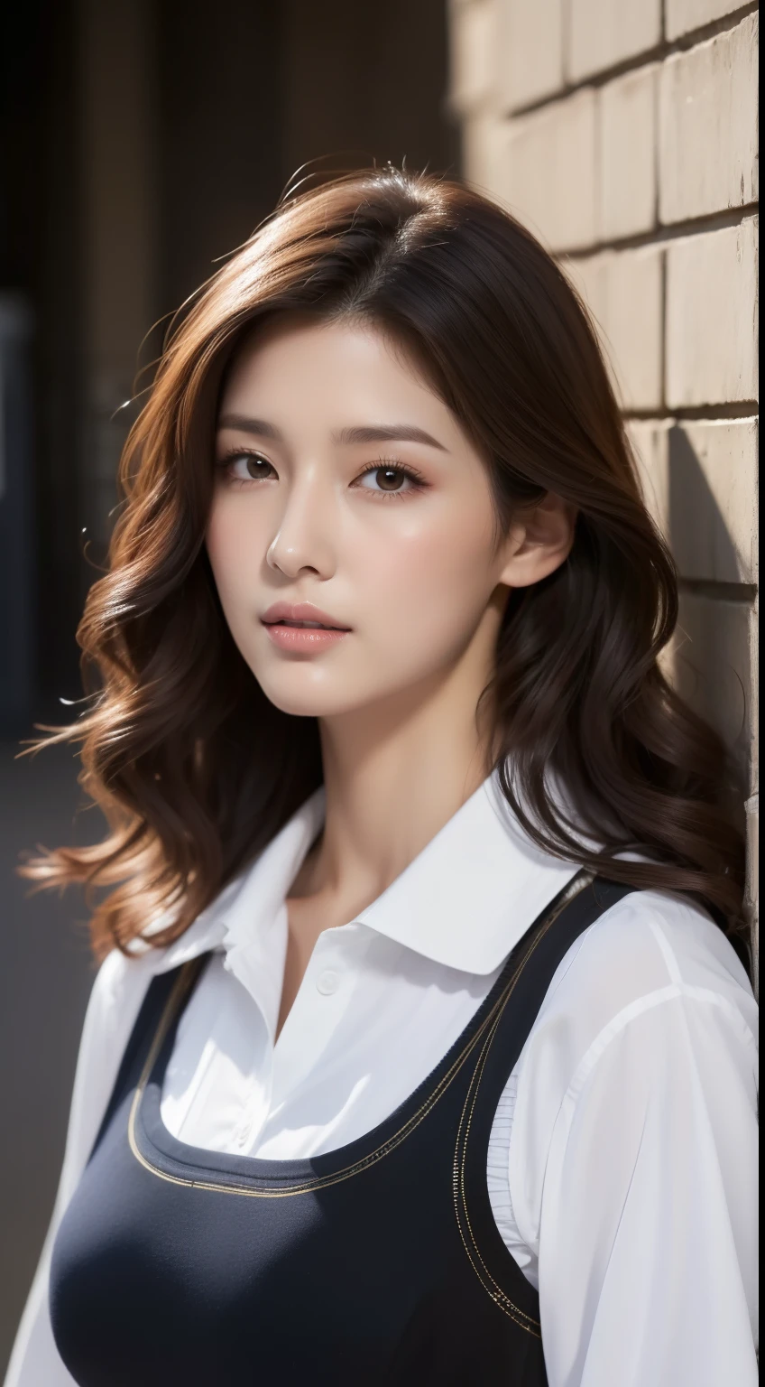 （best qualtiy，A high resolution，tmasterpiece：1.3），A tall and beautiful woman，frontage，Dark brown hair in loose wavy styling，Bigboobs，V-neck white shirt，Dark Alley，Beautifully rendered details in face and skin textures，Charming eyes，Charming eyes， double eyelids in judo uniforms