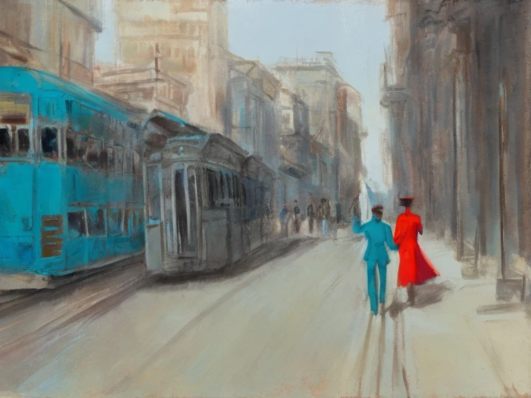  oil on canvas ,  of 2 ren chasing a streetcar, weak spots and artistic blur , gray sketch  , coral, Turquesa, red,    Masterpiece , detail,  Impressionism . High resolution, 4k.