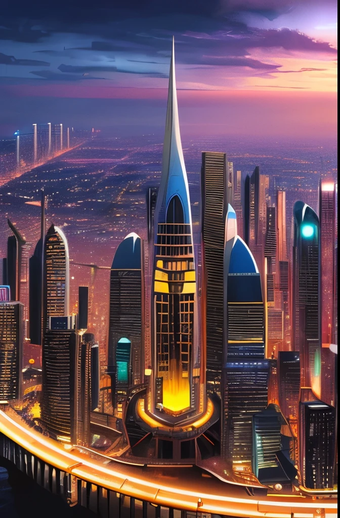 futuristic city with a massive tower and a massive bridge, big and structured valhalla city, ancient sci - fi city, in fantasy sci - fi city, aerial view of a cyberpunk city, sci - fi city, sci fi city, huge futuristic temple city, dark futuristic city, dystopian cyberpunk city, futuristic dystopian city, science - fiction matte painting