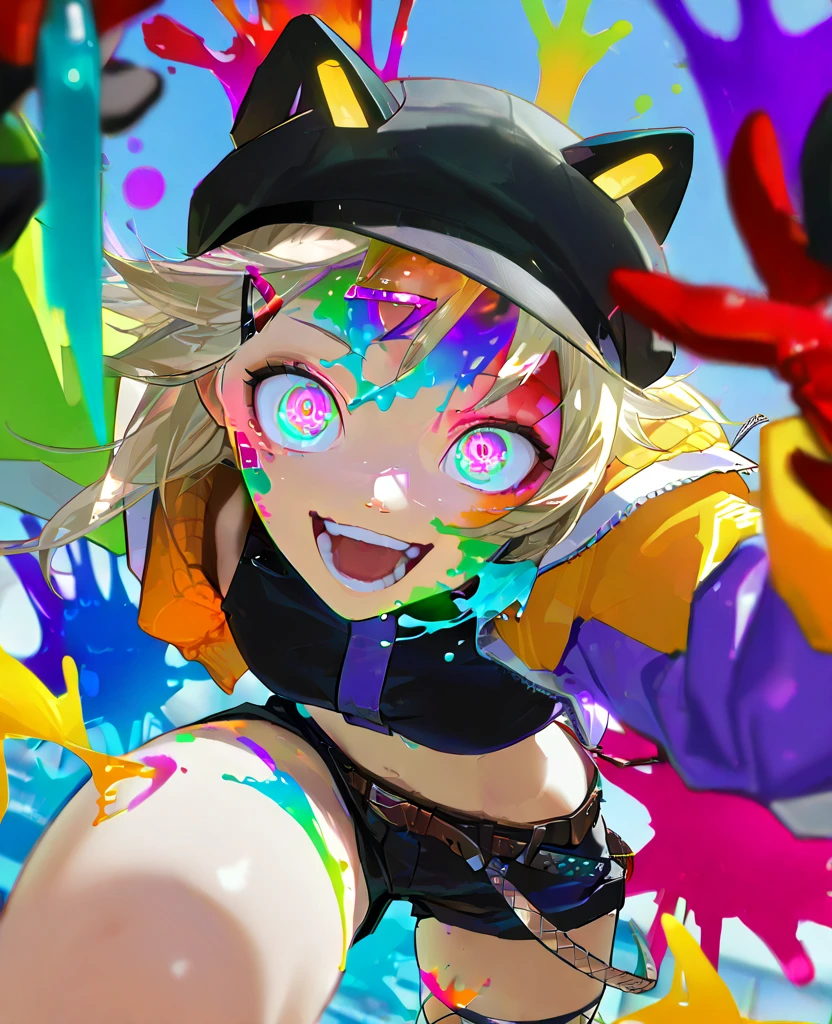 masterpiece,  top quality,  great quality,   very aesthetic ,  absurd,  up to date, scenery,   1 girl, , teeth,  open mouth, Blood on face, smile,  Double Bang ,  Crazy Eyes, the above,  Dutch angle, , close-up,  photorealistic,  Dutch angle, ( colorful ), the above, ((( paint splashes ))), fish-eye , , masterpiece,  top quality,  great quality,   very aesthetic ,  absurd,  up to date, scenery, Volume lighting komori 1st, black headwear, fake animal ears, hairclip, crop top, jacket, cropped jacket, open jacket, black shorts, short shorts, belt, black gloves, single thighhigh, fishnet thighhigh