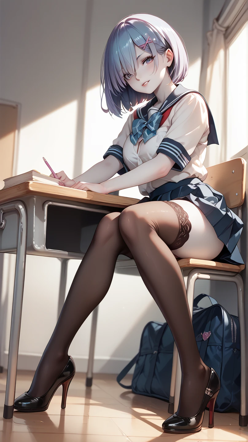 REM ,  IN SCHOOL UNIFORM,SITS ON THE DESK AND LOOKS AT ME, stockings,  heels.  SHOWING PANTIES ,  pale skin .