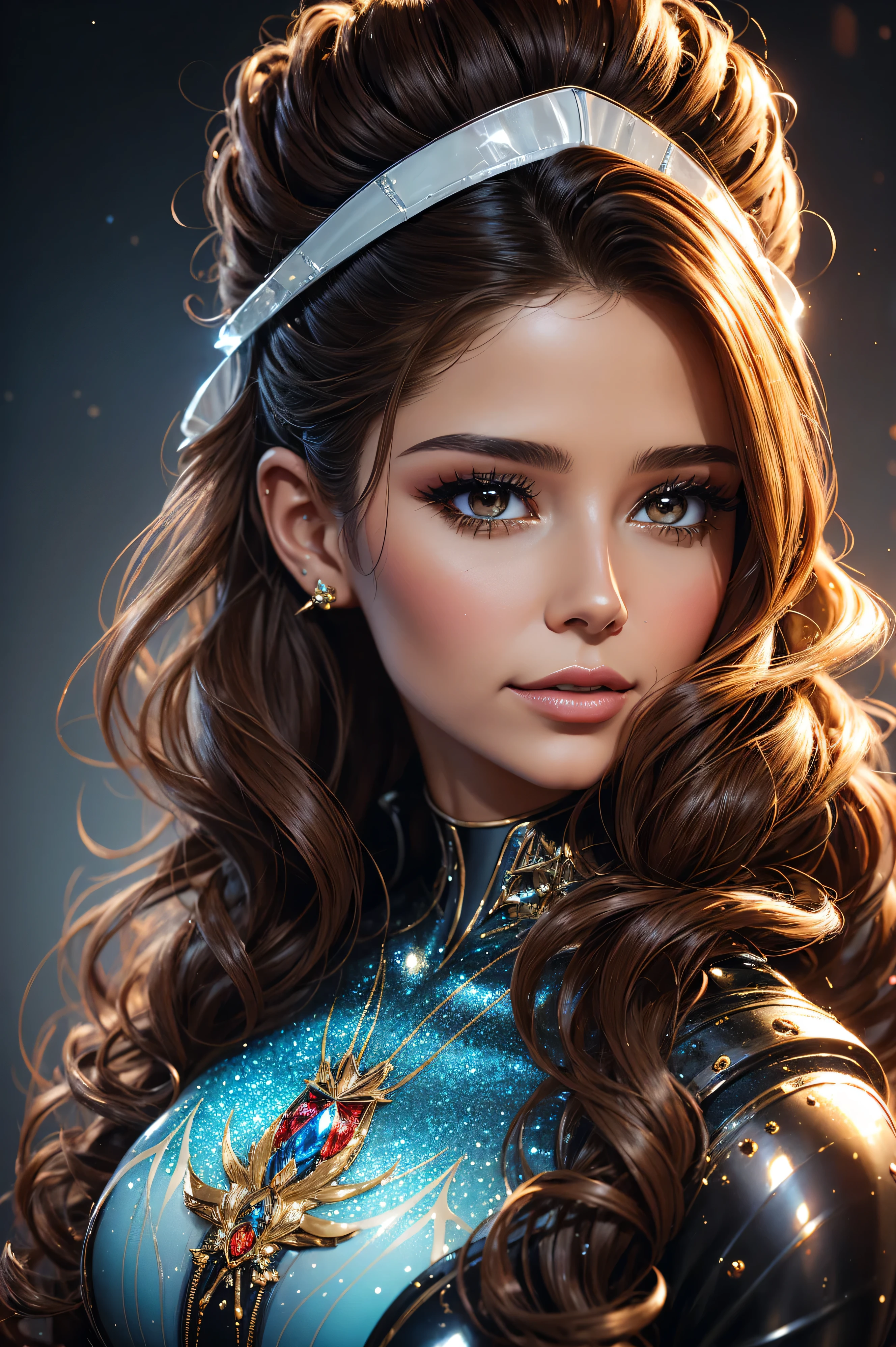 The character Supergirl, perfect blue and red costume with the traditional "S" in the chest, red cape, shiny little blue eyes, extremely beautiful blond hair, beautiful smile , perfect anatomy and extremely beautiful face, hyperrealistic face