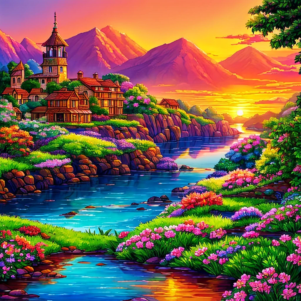  A small town by the river, mountains in the background,  colorful floral flowers ,  detailed landscape,  beautiful natural landscapes,  atmospheric lighting, scorching sunset,  warm colors , practical, Photographic, detailed foliage, complex buildings, cobblestone street, charming country house,  vibrant colors,  lush vegetation , reflections in the water, picturesque, idyllic,  Artwork ,  Best Quality , 8K,  extremely detailed ,  anime style