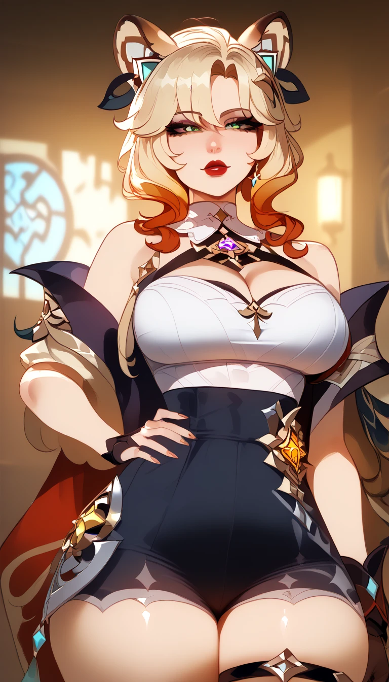  perfect eyes、 perfectly sexy face、 ultra detailed、ultra perfect eyes、 animal ears 、xilonen、Genshin Impact、shiny hair、( Big breasts ), showing cleavage、Tight Waist、 thin waist 、 Thigh straps 、 shiny skin、pele morena、Beleza、erotic、 red lips 、series、 looking at the spectator、