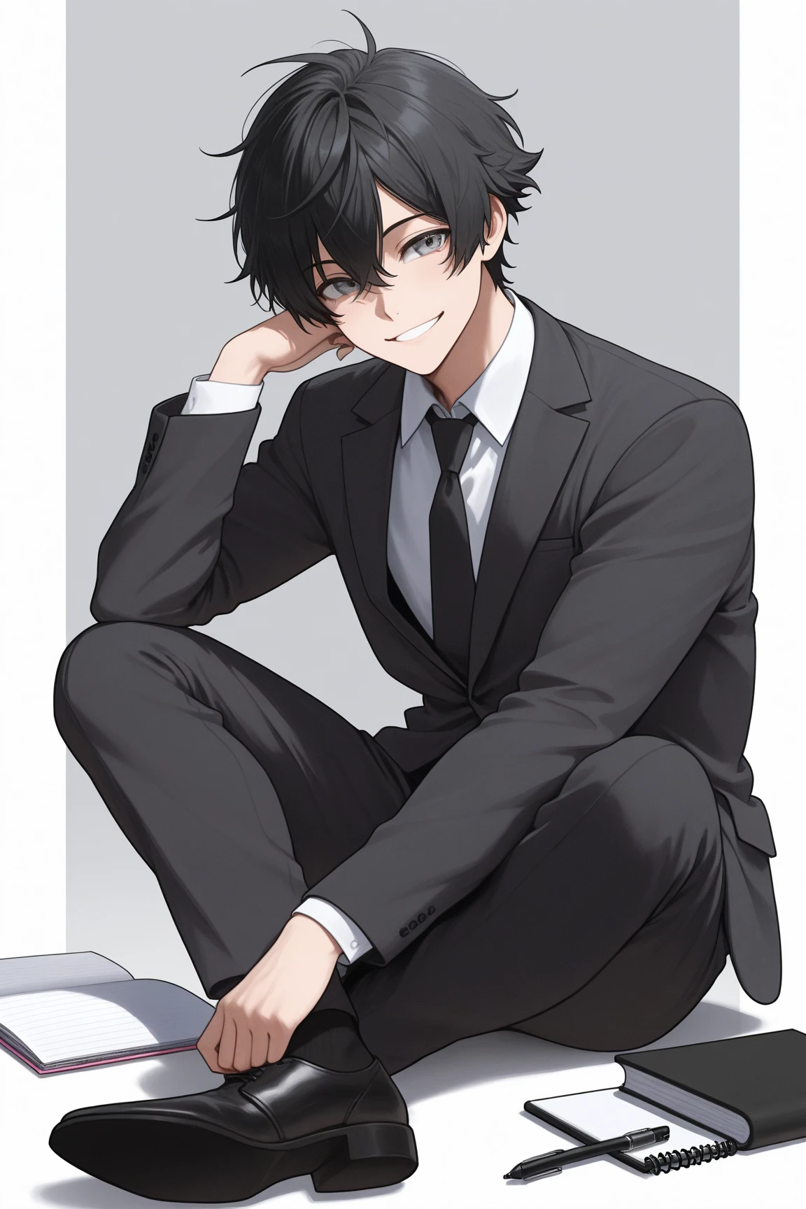  best quality  ,  suit , male ,Smiling slightly ,  full body ,  black hair  ,  gray eyes , notebook and pen