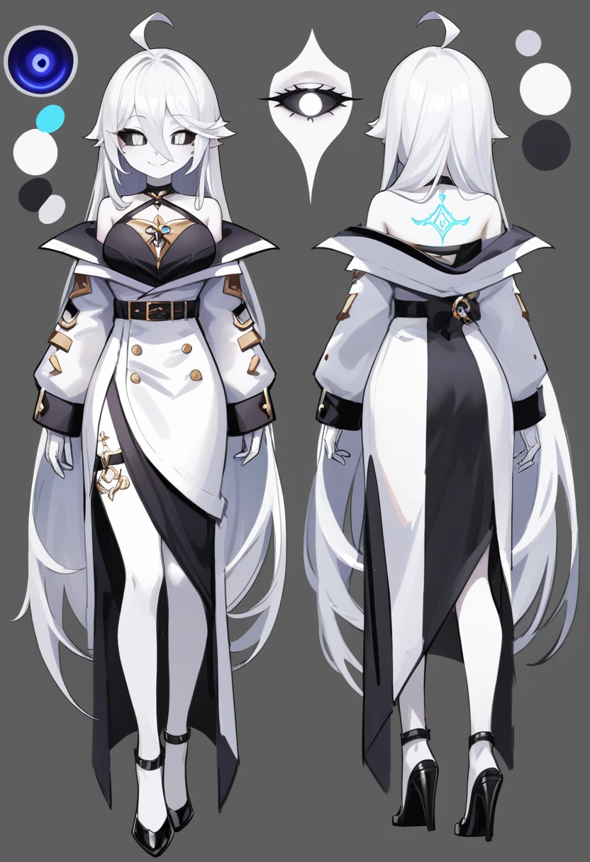 ((masterpiece)),(((best quality))),(character design sheet, same character, front, side, back), illustration, male,  big chest, feminine, white skin, white eyes, black sclera, ahoge, absurdly long hair, white hair, white gloves, hair over eyes, hair between eyes, (white jacket:1.1), Electric, energetic, mystical, playful, cute, dangerous, godlike, cute, concept art，character concept art，character sketch，Reference table，character sheet, like enitity, cute, cuddly, , small, powerful, smug, ((enigma)), confusing, eccentric, chaotic,  fansty, traveler, adventurer. nfsw.