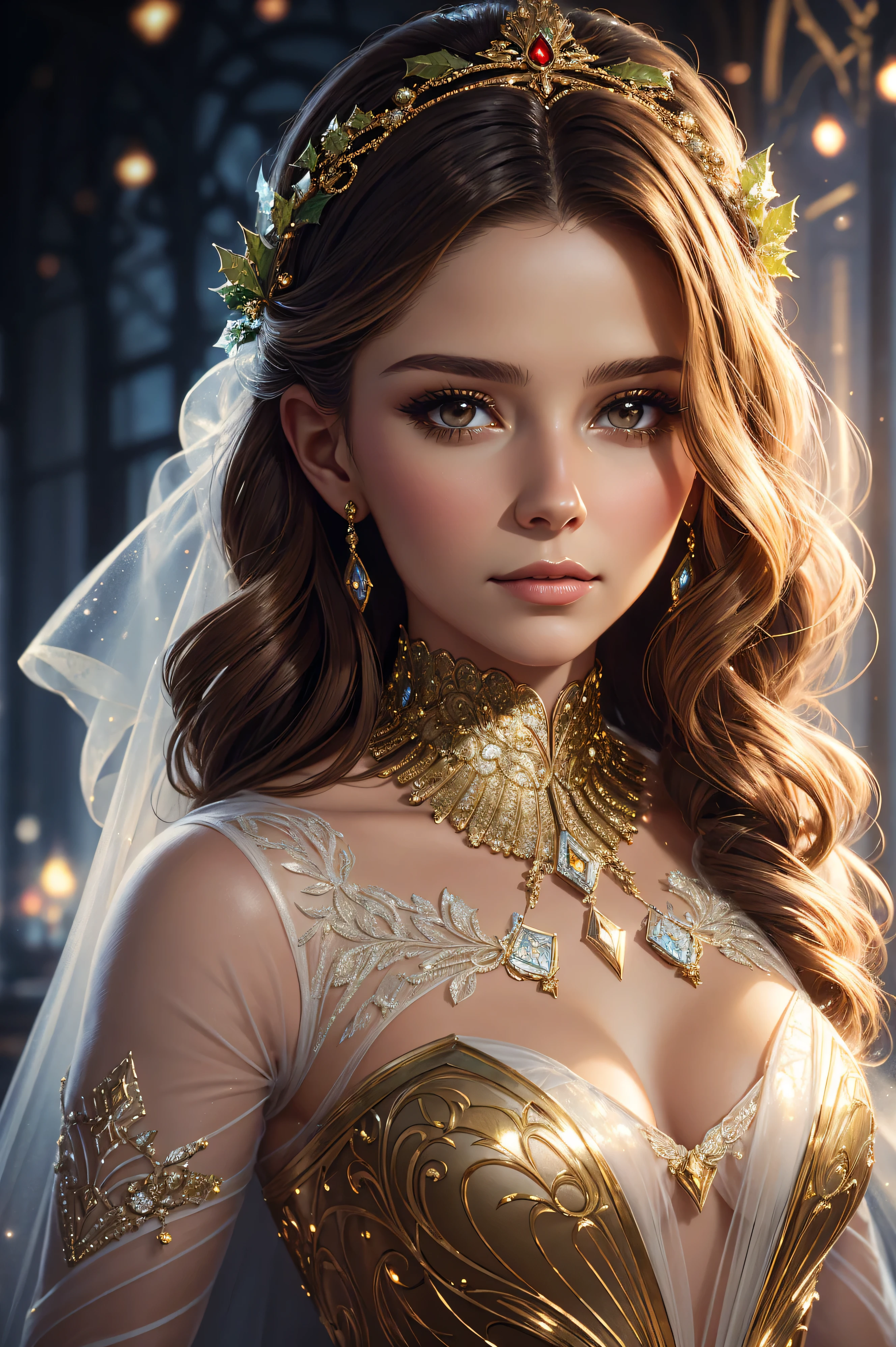 portrait Alexandra Daddario, wearing sexy veil bride gold outfit, against the background of the Eiffel Tower, 9 9 9 9 s, curly hair, intricate, elegant, highly detailed, digital painting, artstation, concept art, smooth, sharp focus, illustration, art by thomas kindkade, charlie bowater, artgerm, greg rutkowski, alphonse mucha and alexandra fomina, 36k, glittering, shining