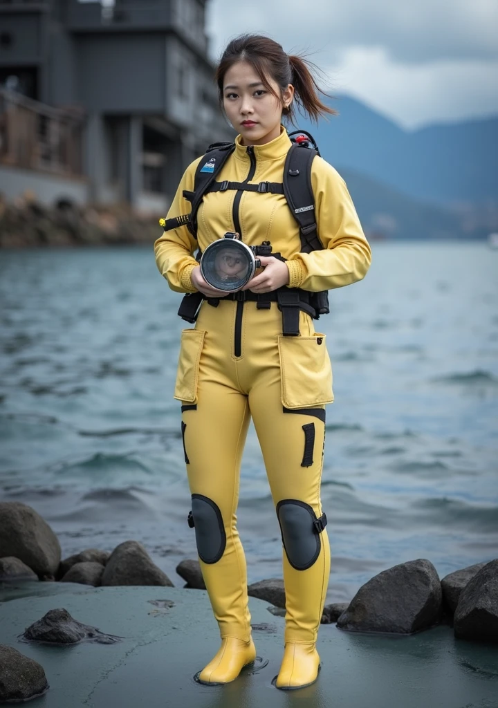 A documentary photo, Photo-realistic, ultra-realistic, (Japanese beautiful young woman, famous Japanese idol, boyish cool face:1.3), wetlook rubberish yellow clothes,, she is a military diver of Japan navy, experienced military diver, wearing a professional wetsuits for military diver with professional scuba equipment, She is on a shlre, She is preparing to scuba dive for a lifesaving mission, there is a large battle ship behind her,, Natural Makeup, boyish face ,Front View:1.21, Perfect Anatomy:1.21, Small head:1.21, Slender body:1.37, Narrow waist:1.5, Thin limbs:1.5, Flat Chest:1.5, Anatomically correct limbs, Diving Suits warm  wetlook (high smooth turtleneck collar), Fully equipped for diving, Very cute Japanese woman, Brown Hair, Chignon Hair, woman holds oval scuba mask, Calm sea in qinter, Dynamic and emotional movie lighting, 