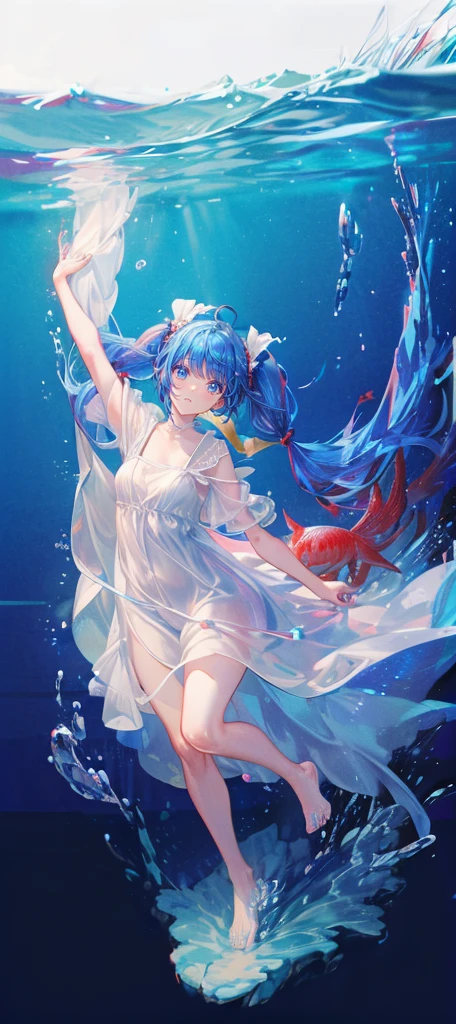 (shylily/(Twich/):1.5),(masterpiece:1.2),(best quality:1.2),((Super detailed),beautiful woman dancing in water, ((surrounded by a school of fish):1.6), Spray color dress, Paint splashes, wet, water, edge light, vivid details, elegant, top quality, style painting magic, Fairy, Extreme colors, Genius use of color,Undine, Beautiful corner,puffy swimsuit