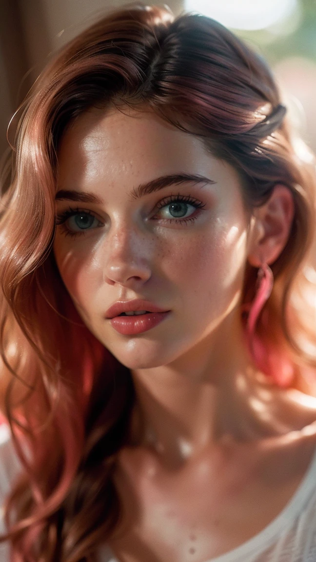 (((ultra realistic))) photo, masterpiece, Top quality, (pale skin), (ultra detailed face and eyes:1.1), 1 girl, Adult, deep neckline, (eye makeup, mascara), ((lips large and detailed)), ((pink wavy hair)), ((Chiolka)), ((natural breasts)). ((posing)), Photo session, studio ((Contour light)), (The play of light and shadows), depth of field, bokeh, (Special attention to the details of the skin.: 1.2), (Atmosphere cold frame., bright colors, black colors), ((portrait, close up of the camera)) , ultra detialed,