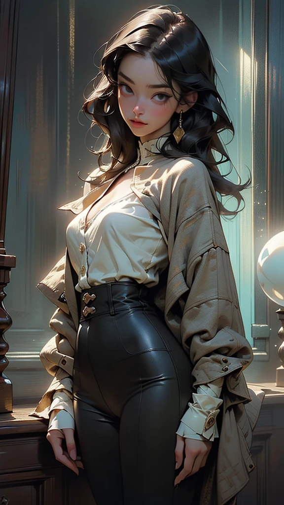 One creates a girl with long straight black hair and brown eyes, beautiful, thin, flat, tall, wearing a businessman uniform, tall, may be wearing a businessman uniform, one with long hair, the other with short women, (((white sheer blouse, black mini skirt)), underwear bite, sexy pose, lower body slender, behind the woman there is a window showing various buildings in the city(absurd, high resolution, super detail), Carrier Woman