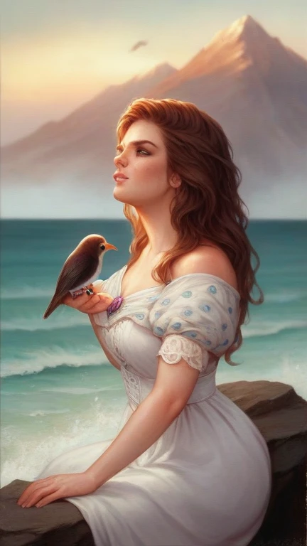 A selkie maiden sits on a rocky shore at twilight, clutching her seal skin, her long brown hair cascading around her shoulders. Her gaze is downcast, and a melancholic expression graces her face. The ocean stretches before her, its surface a blend of blues and grays under the soft light of the setting sun.  Gentle waves lap at the rocks, creating white foam around her.  A flock of birds flies in the distance against the warm glow of the sky. The scene is rendered in a painterly, storybook style with soft, delicate brushstrokes reminiscent of watercolor.  The overall atmosphere is one of quiet sadness and longing.  The seal skin she holds is a rich brown, detailed with individual, scale-like patterns.  The skin appears soft and almost luminous in the fading light.  The rocks are textured and dark, contrasting with the foamy white of the waves. Distant hills are silhouetted against the sky.