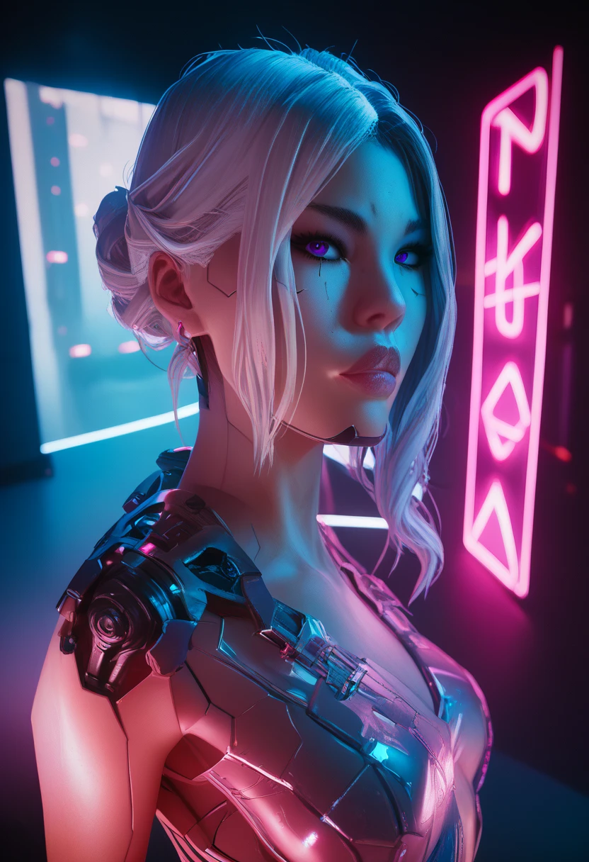 woman, sexy face, purple eyes, white hair, slim body, sexy pose, pink tights, mecha, neon sign, led night city, seen from above, high quality, realistic, beautiful light, complete detail, black background