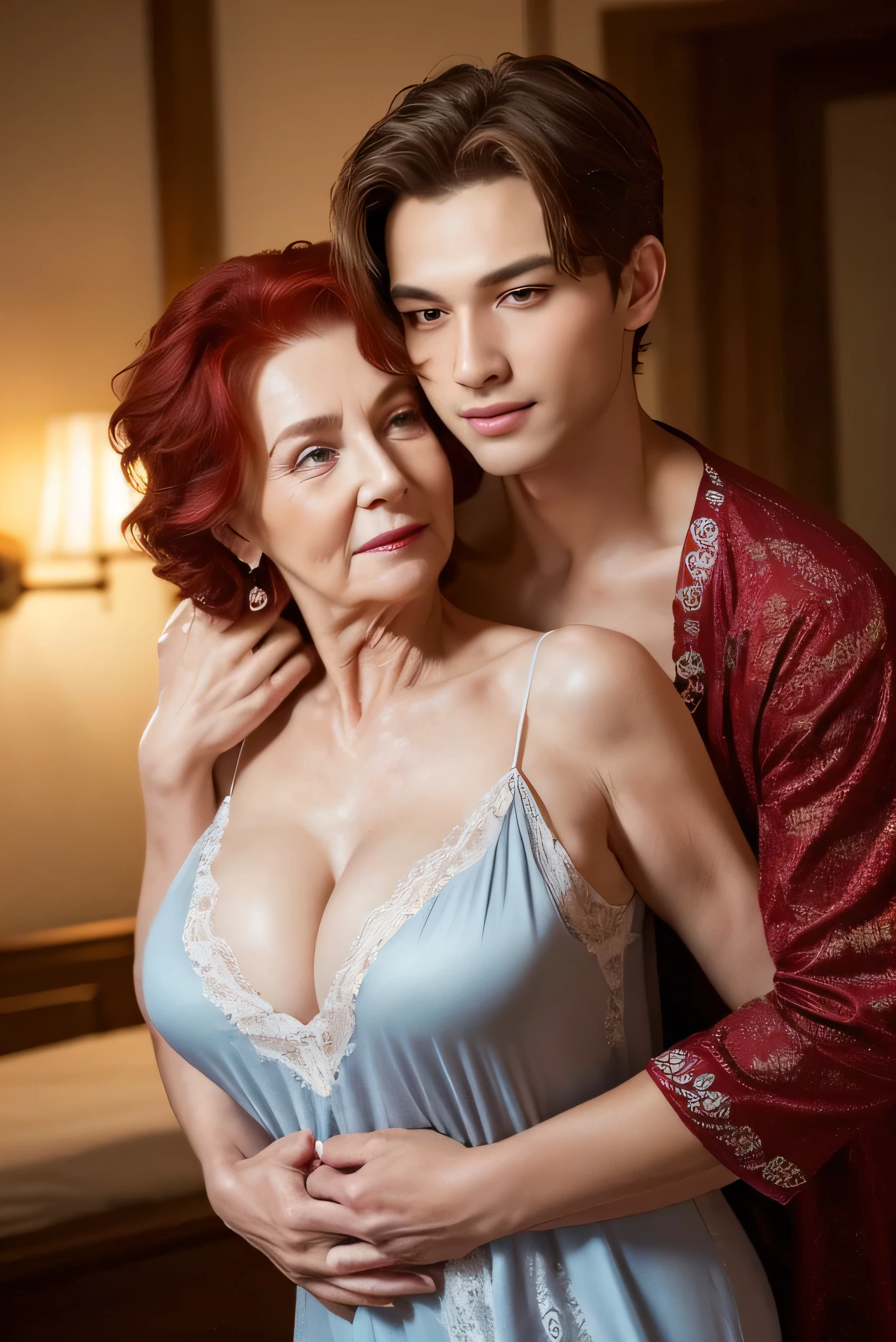 top quality, ((Embracing a young man)),masterpiece, high definition , realistic , RAW photo, 8k wallpaper, perfection, Professional Lighting ,((Embracing a young man)), very detailed with crimson hair,((Beautiful old lady)), 80 years old, Sexy old woman, (( sexy nightgown),Big Breasts, clevis on a stone, upper body, (( viewers of the pin'eye)), detailed face , Beautiful eye, ((I' I'm looking forward to it )), In the stylish dining room, sunny, bangs, Shapely breasts, Plump Shiny Lips,