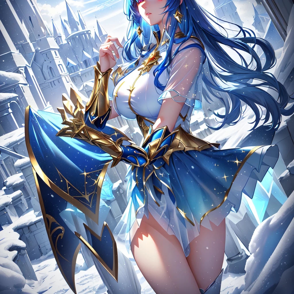 best quality, masterpiece, realistic, Beautiful sexy cool tall, slim, fit woman, wearing light blue skirt with stockings, fantasy shirt, athletic body, intricate and highly detailed, long blue hair, sexy expression, casting ice magic from her hands, ice god, ice master, ice magician, freezing, magical staff, magical abilities