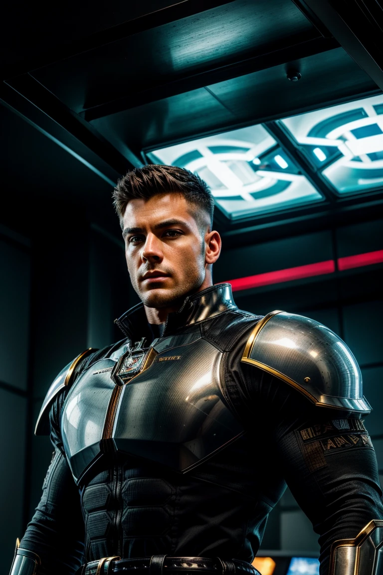 epiCPhoto, quality, masterpiece, intricate details, an (glaring) (full scorpion) average 18yo American unathletic man, short hair, portrait, refinery,, cyberpunk, (broad shoulders:0.6), 8k uhd, high quality, dramatic, cinematic, (skin imperfections), waning light, dark background, flash photography,