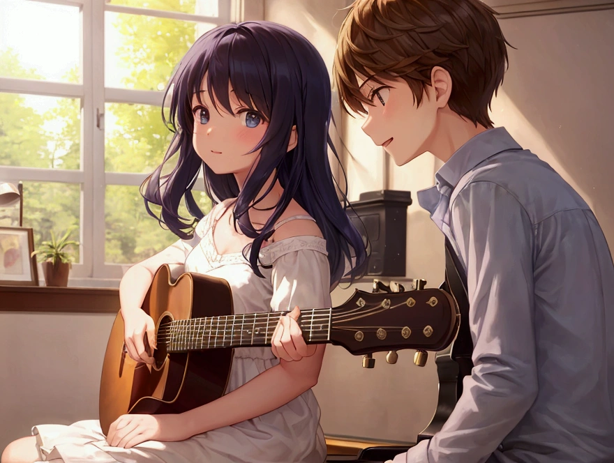A serene and heartwarming scene depicting a young couple sitting together under a large tree in a lush, sun-dappled forest. The girl, with long brown hair and large, expressive blue eyes, wears a vintage-style floral dress layered with a cream blouse and lace collar. Her expression is soft and curious as she gazes at the boy beside her. The boy, with messy dark brown hair and a casual, unbuttoned shirt over a white tee, sits cross-legged while playing an acoustic guitar. The sunlight filters through the leaves above, casting a warm, golden glow across the scene. Their surroundings are rich with greenery, and the light breeze causes a few leaves and petals to float gently in the air. The mood is intimate and peaceful, capturing a moment of quiet connection and shared music in a picturesque, natural setting.