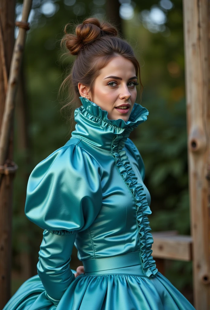 (realistic photograph close up sideways cheerful), (a pleased beautiful European orgasm looking lady with (messy hair bun), she is wearing (an elaborate extensive shiny cyan silk dress with (long gigantic puff sleeves), (and an ultra high narrow stand-up collar reaching to her cheeks) (with a gigantic ruffle on top of the collar reaching to the top of her head), (she has her hands behind her back)++++, (two happy females are grabbing her and bring her forward on a wooden beam gallows)